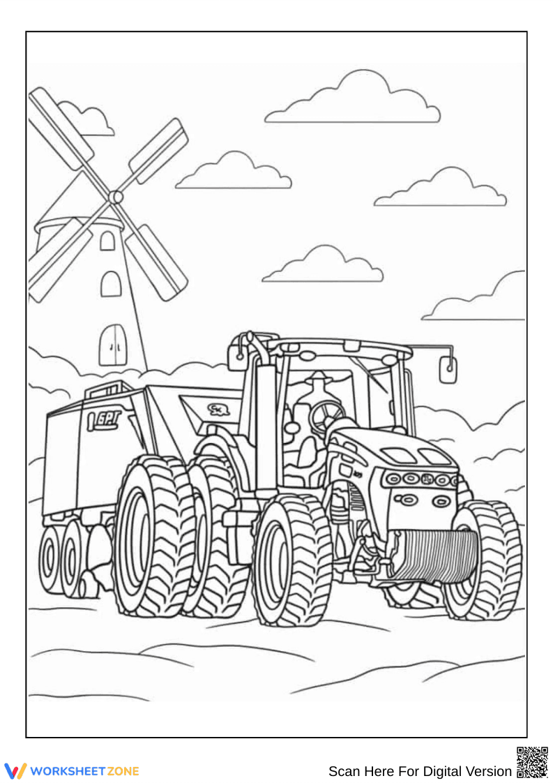 John Deere Tractor Coloring Page with Windmill Background - Page 1