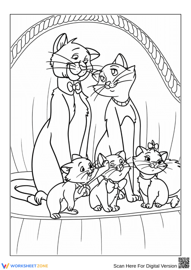 Aristocats Family Coloring Page – Duchess, Thomas, and Kittens - Page 1