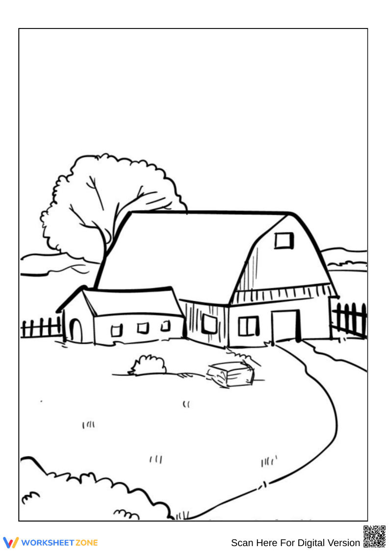 Country Barn with Shed Coloring Page - Page 1