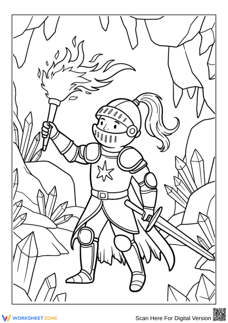 Knight Exploring Crystal Cave Coloring Page - Page 1