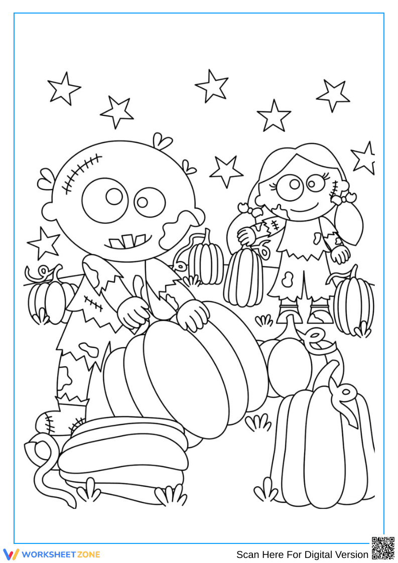 Zombie Pumpkin Patch Halloween Coloring Page - Page 1