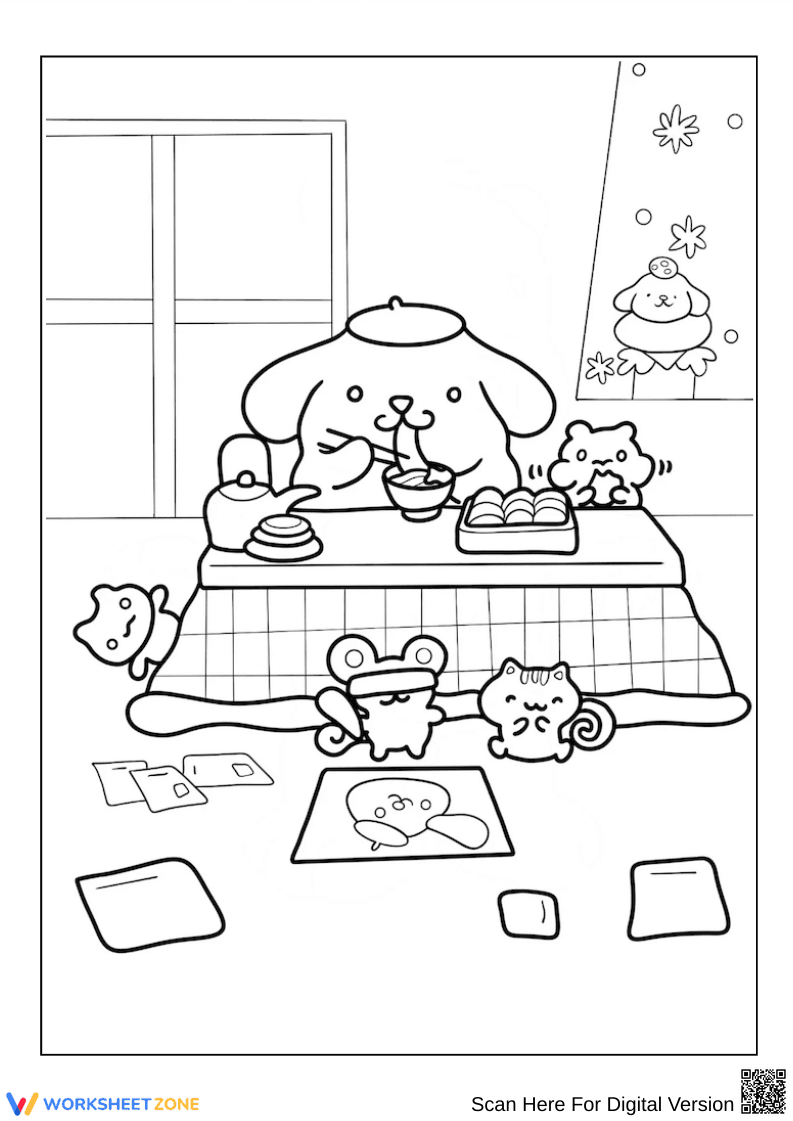 Pompompurin Eating Noodles With Muffin Coloring Page - Page 1