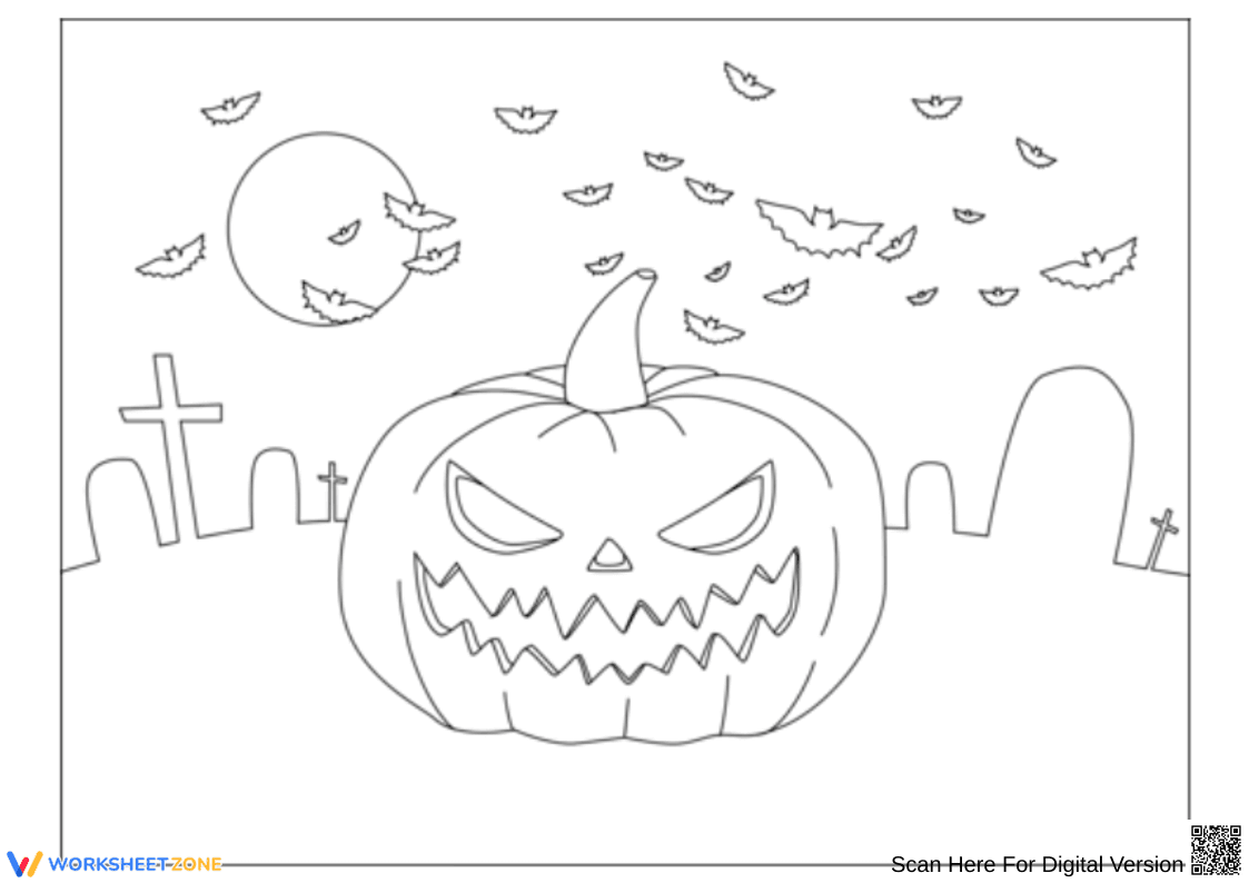 Spooky Jack-O’-Lantern Graveyard Coloring Page - Page 1