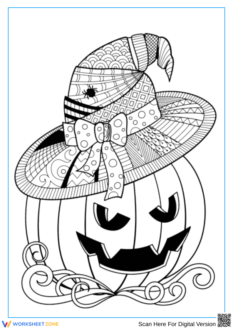Jack-O’-Lantern with Witch Hat Halloween Coloring Page - Page 1