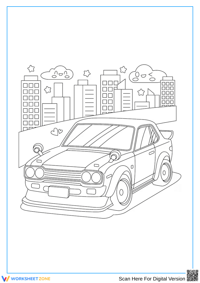 Porsche Coloring Page with City Skyline - Page 1