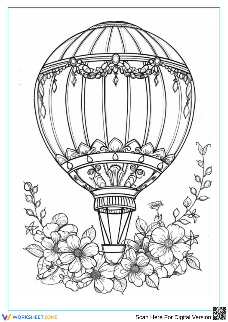 Elegant Floral Hot Air Balloon Coloring Page - Page 1