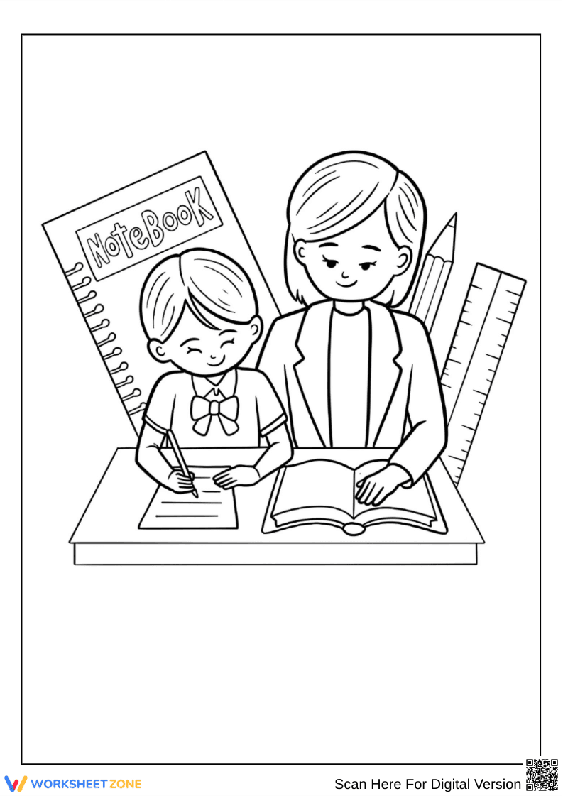 Teacher Helping Student Coloring Page - Page 1