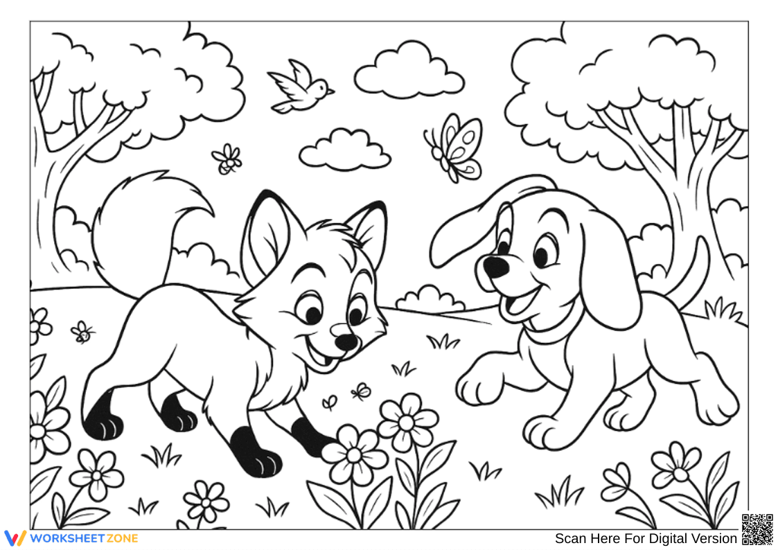 Fox and the Hound Playing in the Flower Field Coloring Page - Page 1