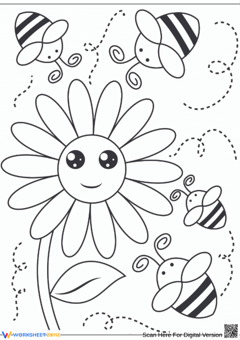 Happy Flower and Bees Coloring Sheet - Page 1