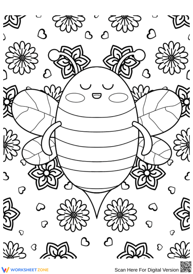 Cute Bee Coloring Page with Flowers - Page 1