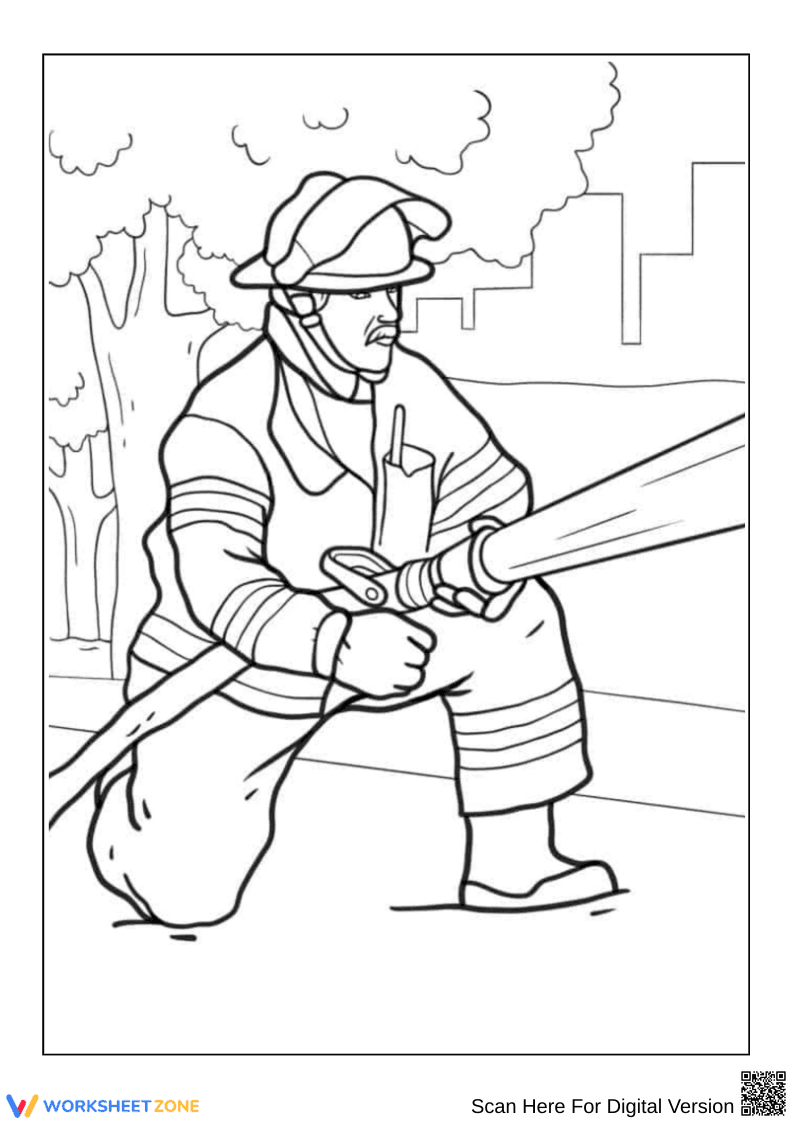 Firefighter with Hose Coloring Page - Page 1