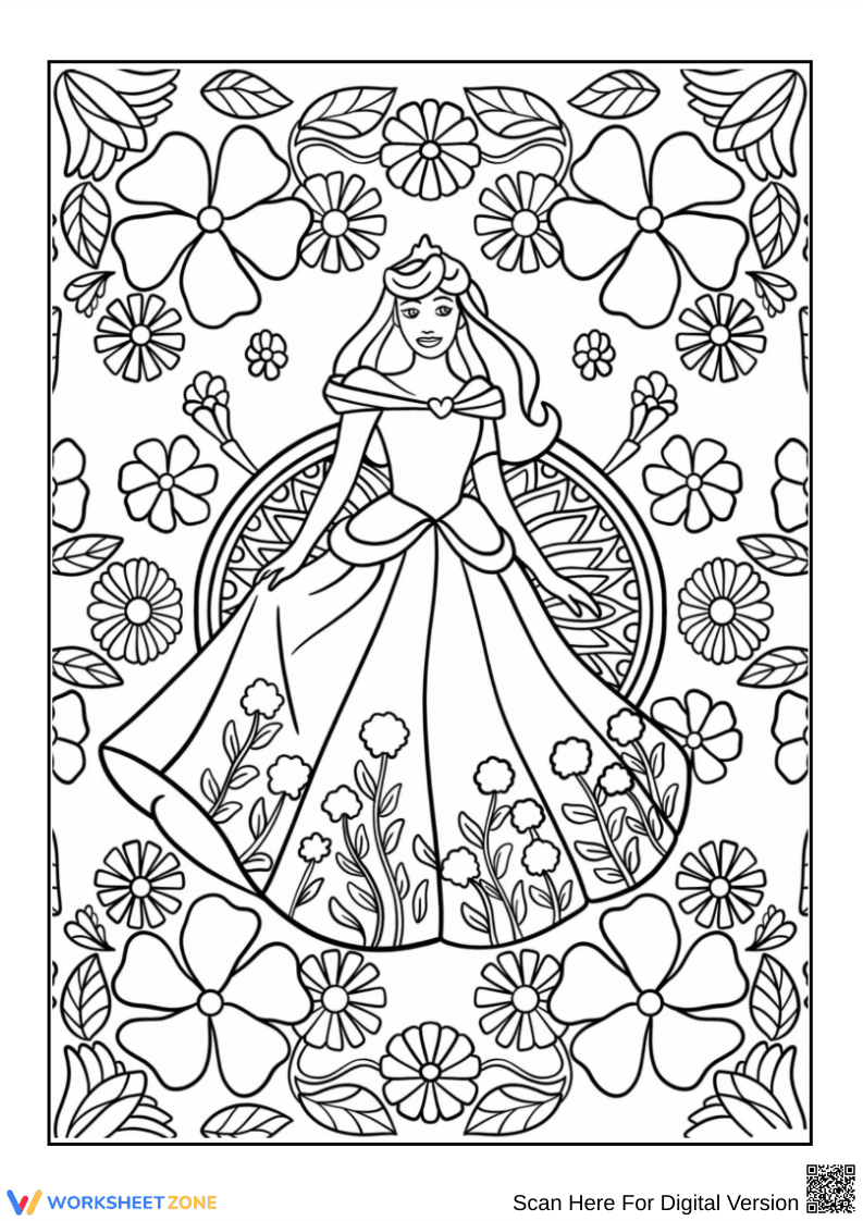 Sleeping Beauty Floral Coloring Page - Page 1