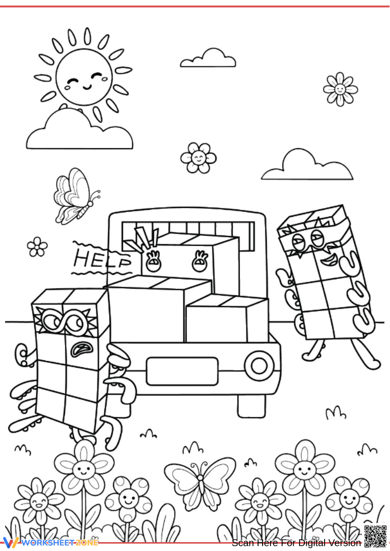 Numberblocks Coloring Page – Fun Outdoor Scene - Page 1