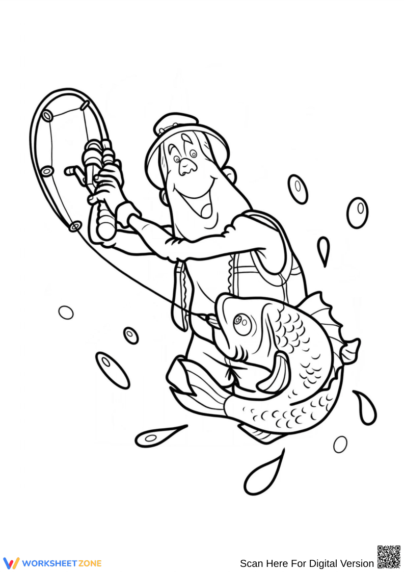 Fisherman Catching Big Fish Coloring Page - Page 1