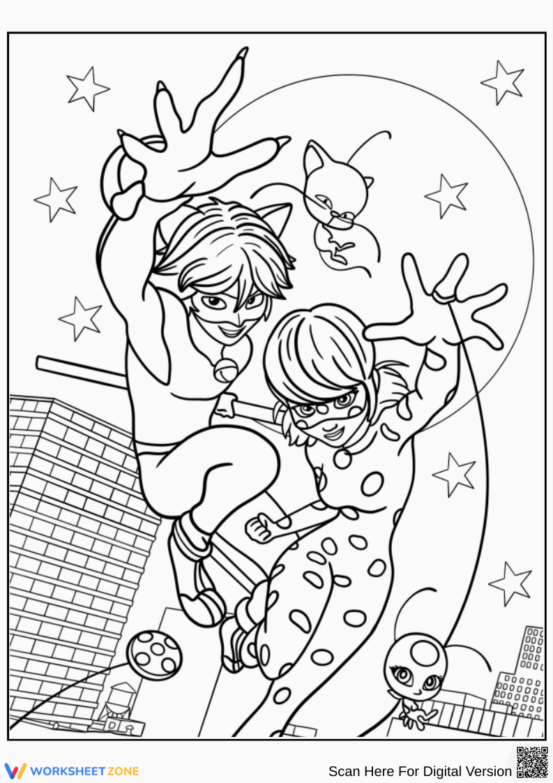 Miraculous Ladybug and Cat Noir in Action Coloring Page - Page 1
