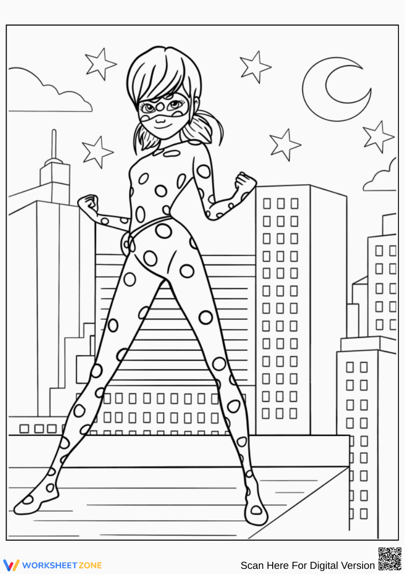 Miraculous Ladybug Heroic Pose Over Paris Coloring Page - Page 1