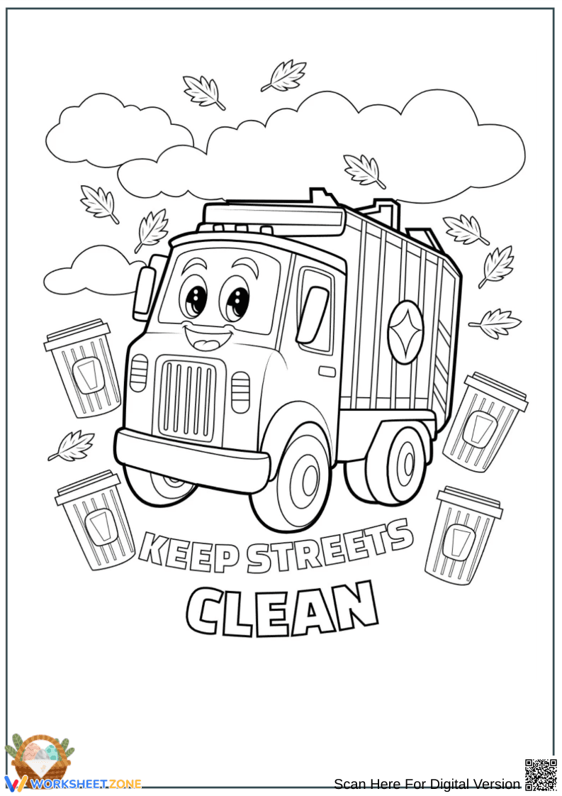 Keep Streets Clean Garbage Truck Coloring Page - Page 1