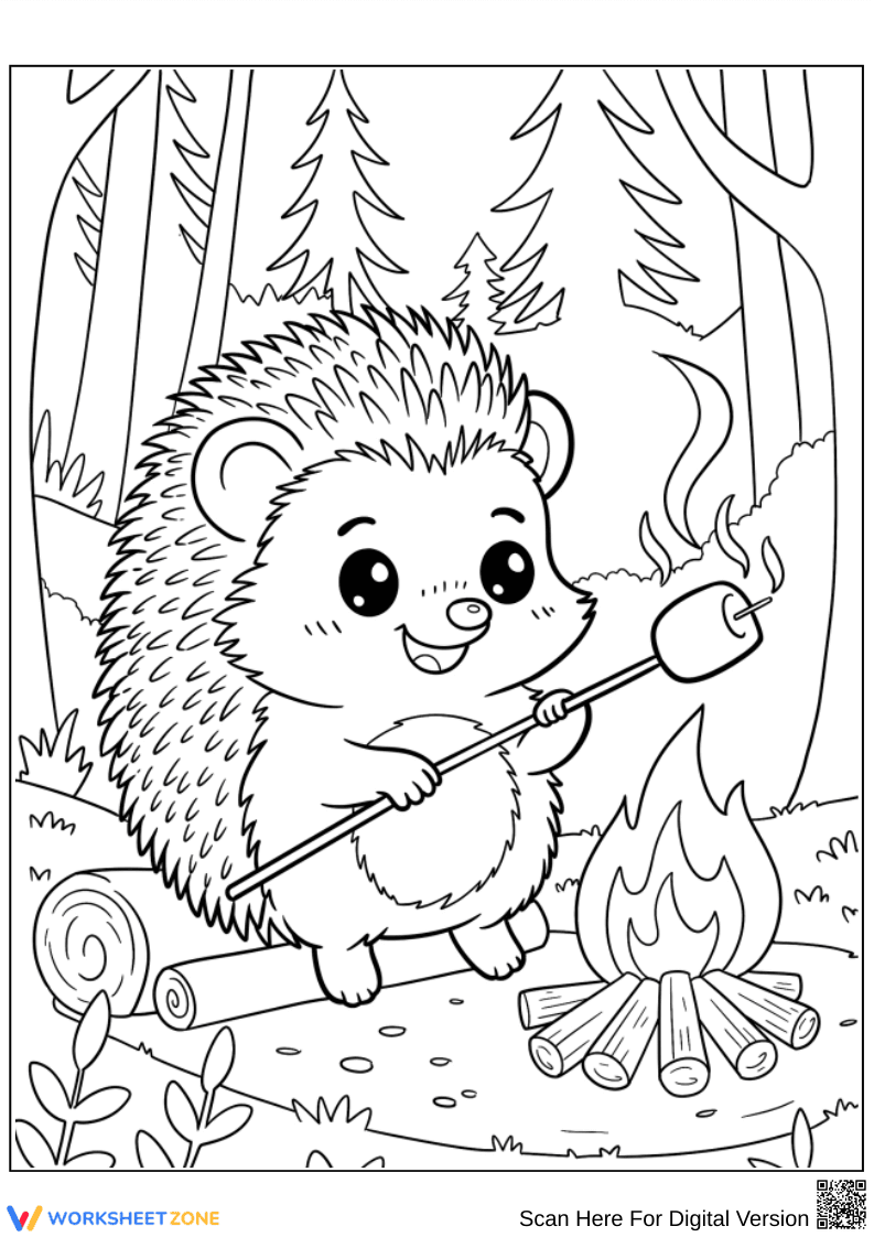 Hedgehog Camping Fun with Marshmallows Coloring Page - Page 1