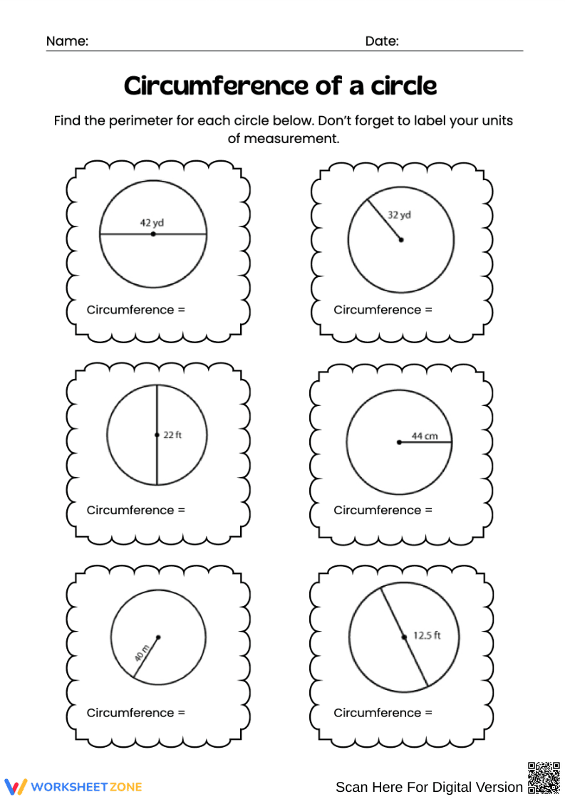 Circumference of a Circle Worksheet - Page 1