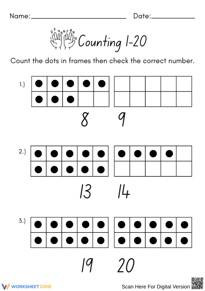 Counting to 20 Ten Frame Worksheet - Page 1