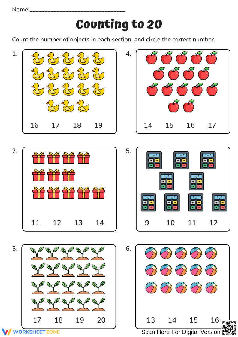 Counting to 20 Worksheet with Fun Objects - Page 1