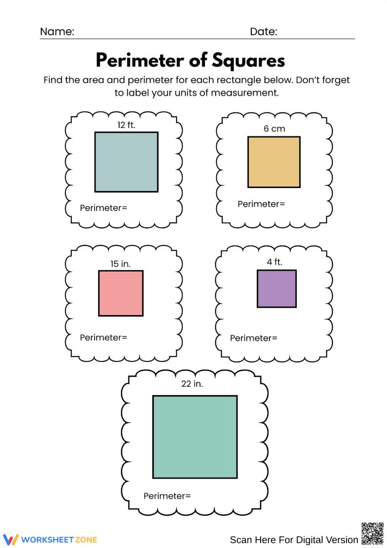 Perimeter of Squares Math Worksheet - Page 1