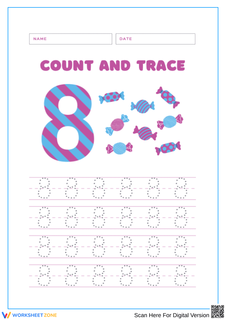 Count and Trace Number 8 Practice Worksheet - Page 1