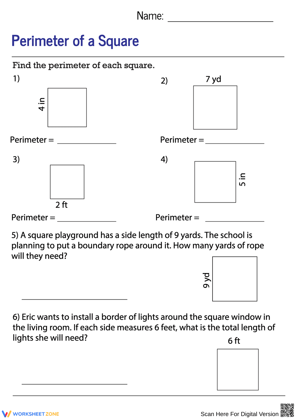 Perimeter of a Square Worksheet - Page 1