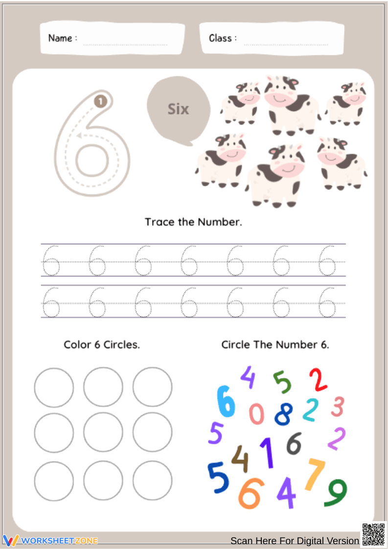 Number 6 Tracing and Counting Worksheet - Page 1