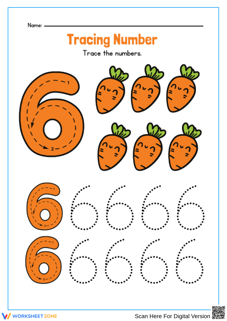 Number 6 Tracing Worksheet for Kids - Page 1