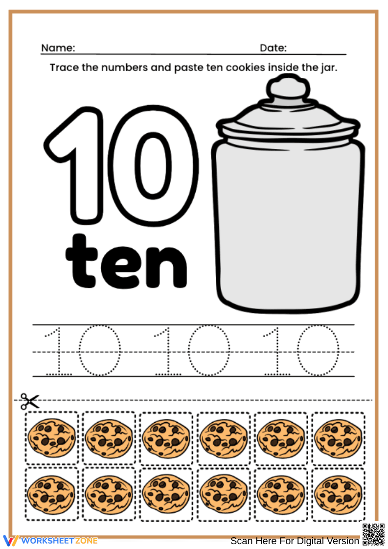 Number 10 Worksheet with Tracing and Cut-and-Paste - Page 1