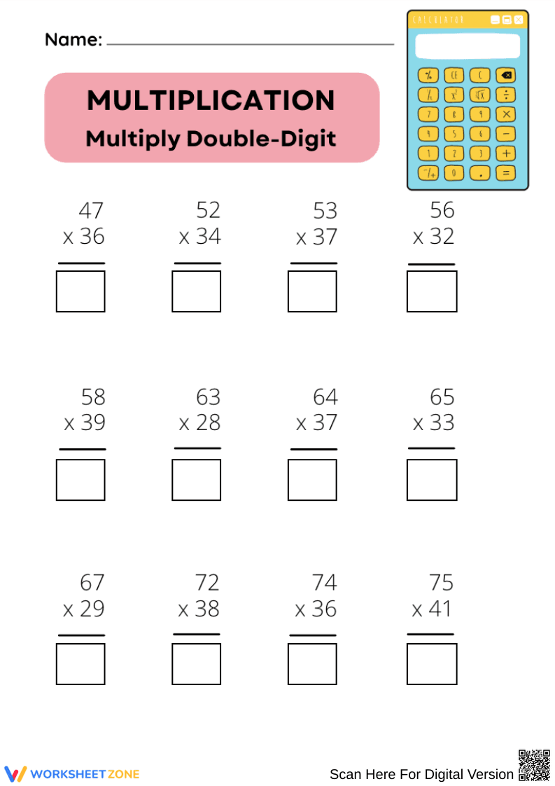 Multiply Double-Digit Numbers | 2 by 2 Multiplication Worksheet - Page 1