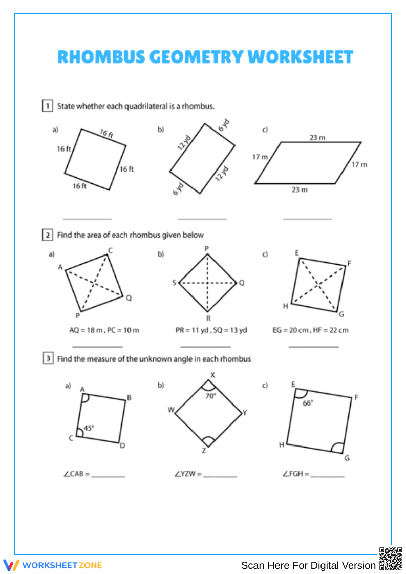 Rhombus Geometry Worksheet: Identify, Area & Angles - Page 1