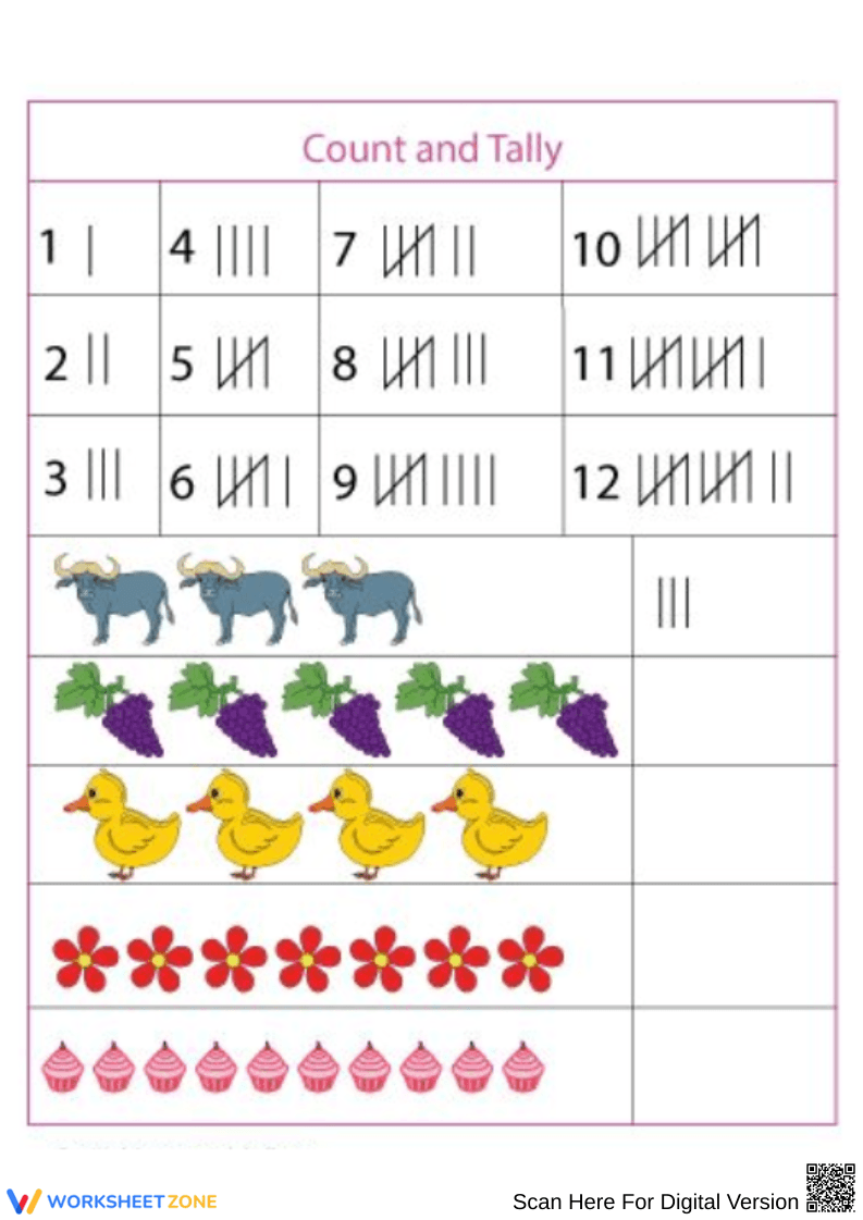 Count and Tally Worksheet for Kids - Page 1