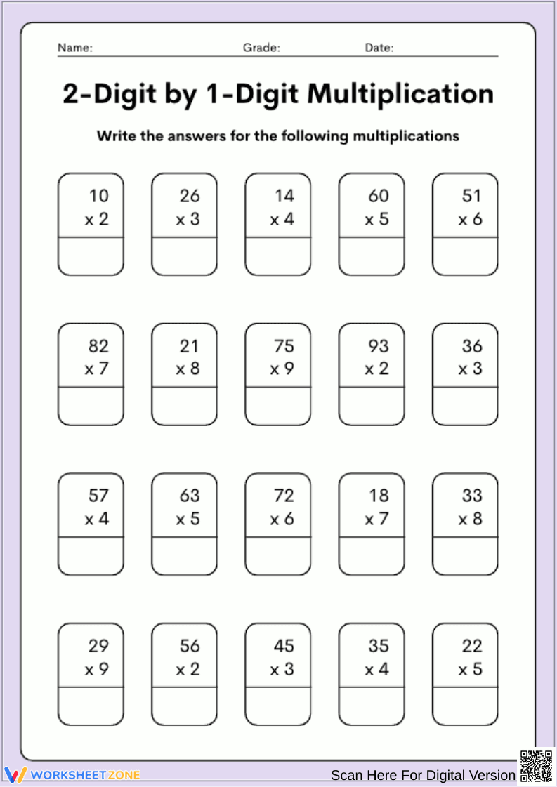 2-Digit by 1-Digit Multiplication Worksheet - Page 1