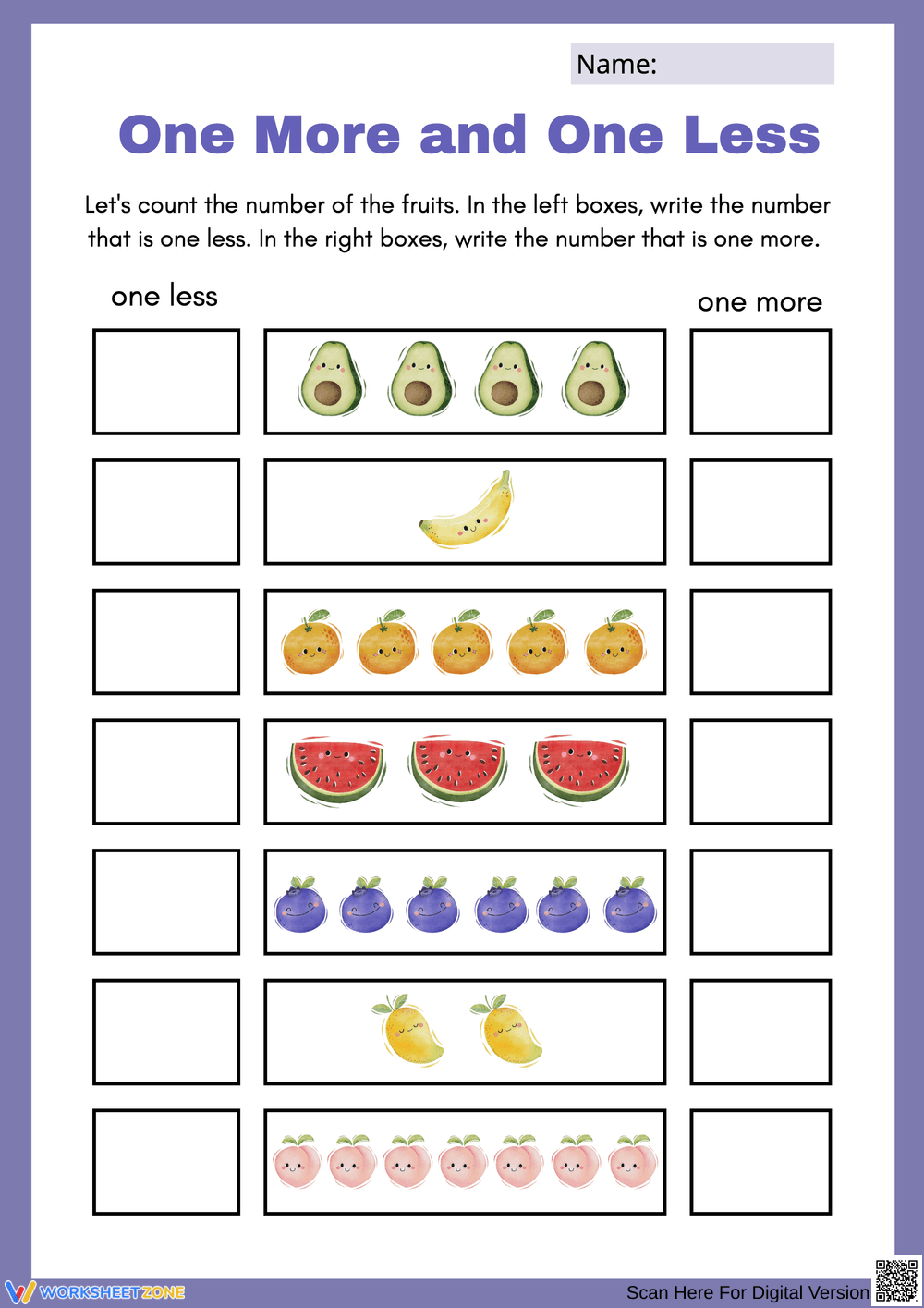 One More and One Less Fruit Counting Worksheet - Page 1