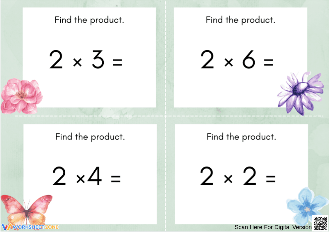 Multiplication by 2 Practice Cards with Flowers - Page 1