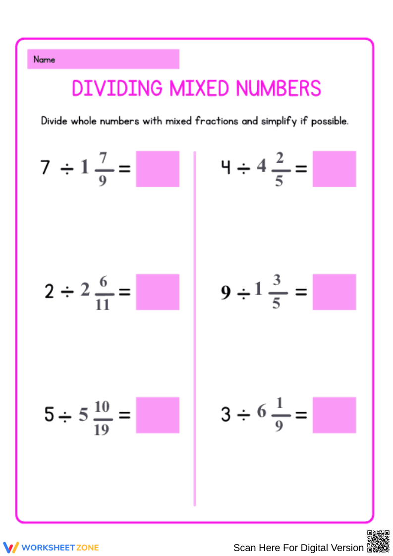 Dividing Mixed Numbers Worksheet - Page 1