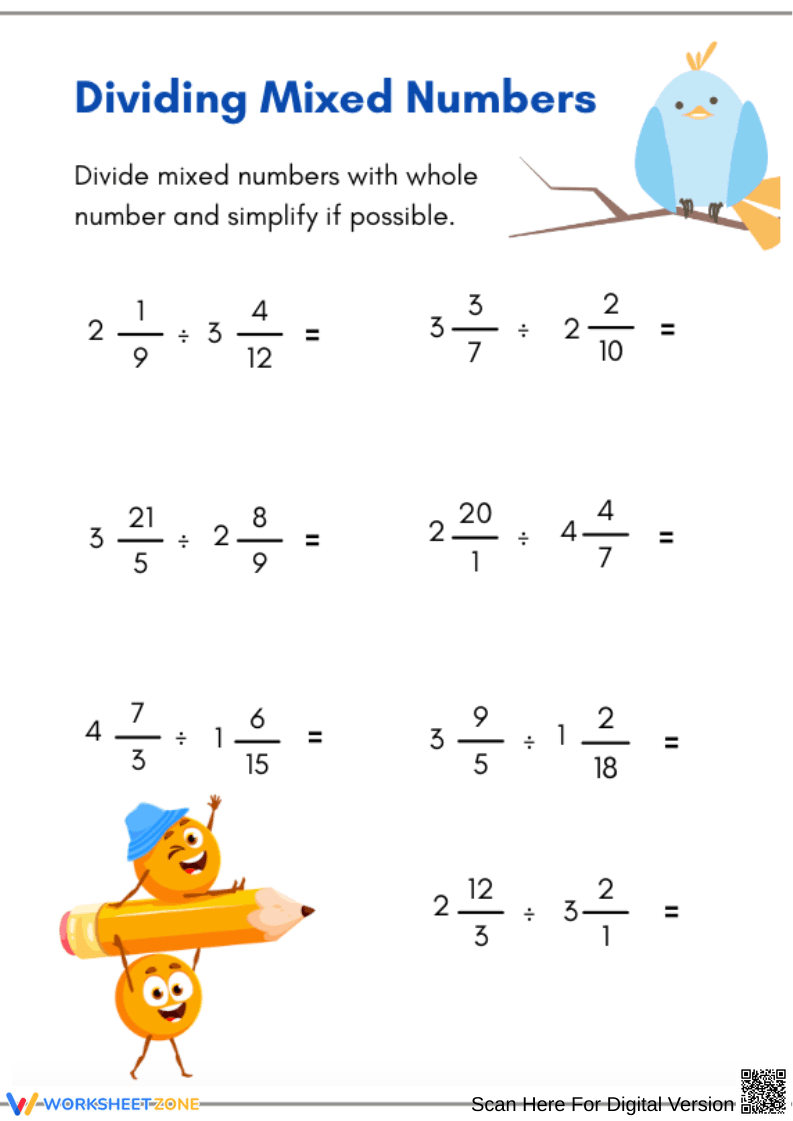 Printable Dividing Mixed Numbers Worksheet - Page 1