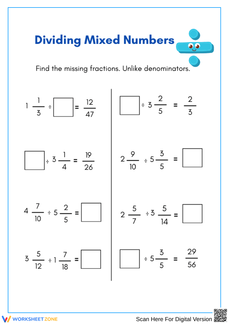 Dividing Mixed Numbers – Missing Fractions Worksheet - Page 1