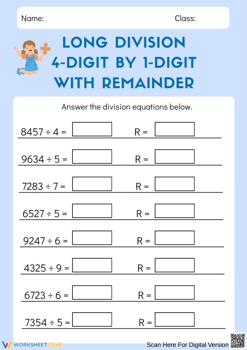 4 by 1 Division with Remainders Worksheet - Page 1