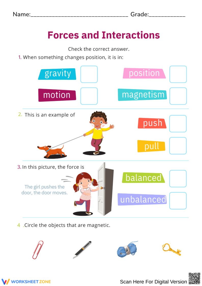 Forces and Interactions Science Worksheet - Page 1