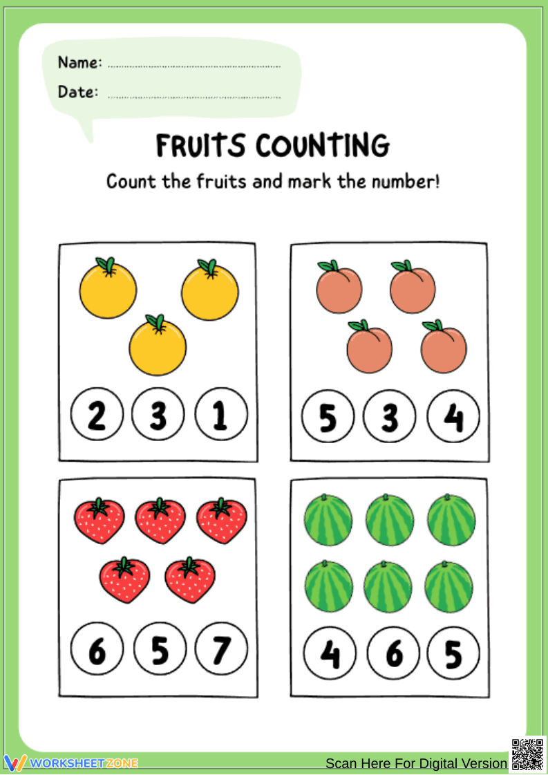 Fruits Counting Worksheet for Kids - Page 1