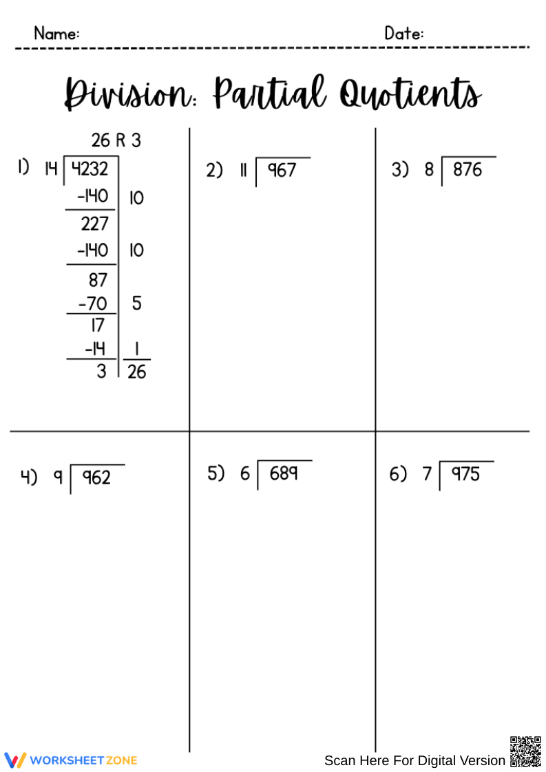 Divide Using Partial Quotients Worksheet - Page 1
