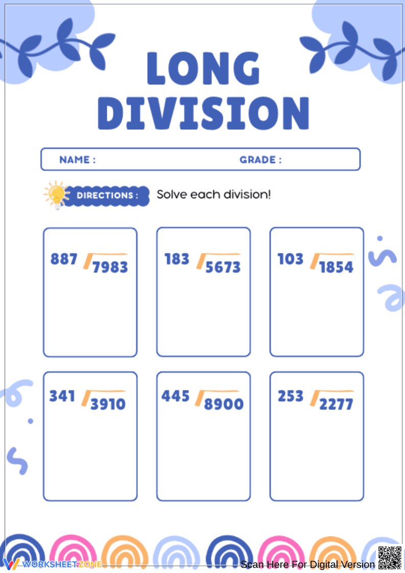 Long Division Practice Worksheet - Page 1