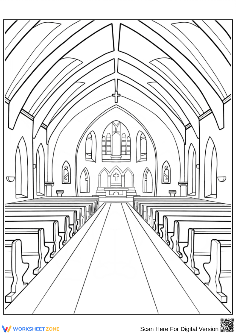 Inside a Beautiful Sanctuary Church Coloring Page - Page 1