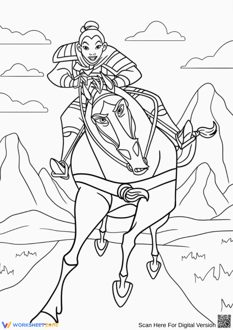 Brave Mulan Rides on Khan Through the Mountains Coloring Page - Page 1