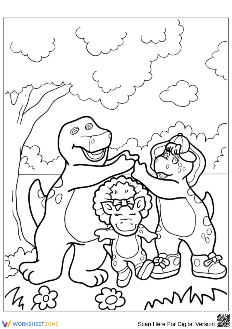 Barney Coloring Page with Friends Playing Outdoors - Page 1