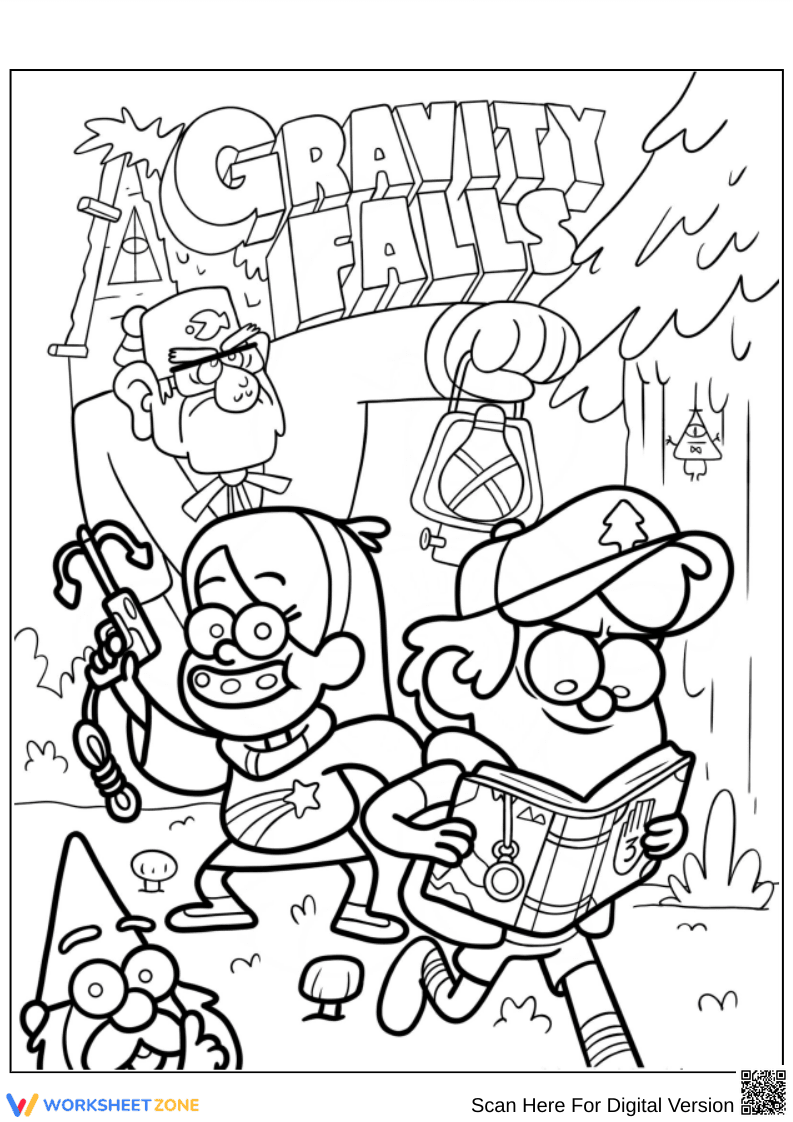 Gravity Falls Coloring Page with Dipper, Mabel, and Friends - Page 1