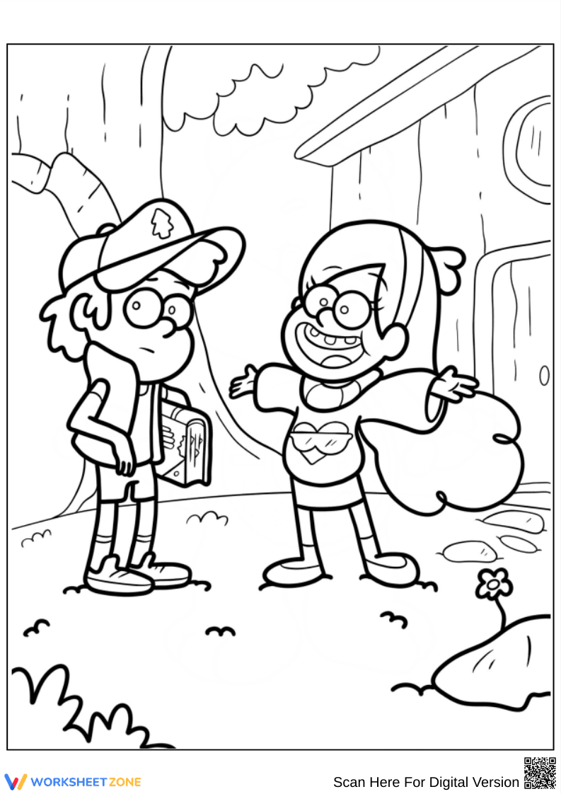 Gravity Falls Coloring Page with Dipper and Mabel Outside - Page 1